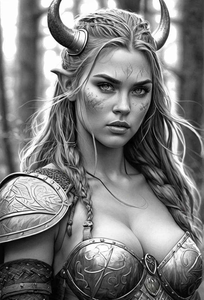 pencil sketch of a Viking character with scars of war, erotic image of a naked Viking woman, cartoon art style, digital illustration style, highly detailed character design, courage detailed digital art, Forest fan art, Portrait Character Design, beautiful digital illustration, high-quality portrait, comic book art, young woman with beautiful hair, Beautiful outlined eyes, exposed Medium large bust and erotic sensual posture. expression of sexual desire image, full body illustration
