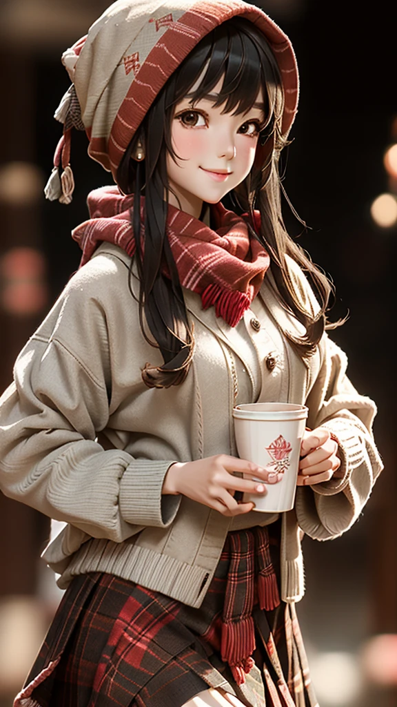 One girl, 紅leaf, bangs, Black Hat, Blurred Background, blush, Brown eyes, Brown Hair, brown scarf, brown skirt, cardigan, coffee, Cowboy Shot, cup, disposable cup, drink, 落ちleaf, Beanie, Holding, Holding drink, leaf, Long Hair, Long sleeve, View your viewers, open cardigan, Open your mouth, Plaid, Plaid skirt, puffy Long sleeve, red sweater, scarf, shirt, shirt tucked in, Side Lock, skirt, smile, alone, sweater, white shirt, Very detailed, Complex, masterpiece, Absurd