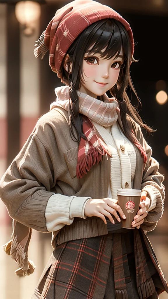 One girl, 紅leaf, bangs, Black Hat, Blurred Background, blush, Brown eyes, Brown Hair, brown scarf, brown skirt, cardigan, coffee, Cowboy Shot, cup, disposable cup, drink, 落ちleaf, Beanie, Holding, Holding drink, leaf, Long Hair, Long sleeve, View your viewers, open cardigan, Open your mouth, Plaid, Plaid skirt, puffy Long sleeve, red sweater, scarf, shirt, shirt tucked in, Side Lock, skirt, smile, alone, sweater, white shirt, Very detailed, Complex, masterpiece, Absurd