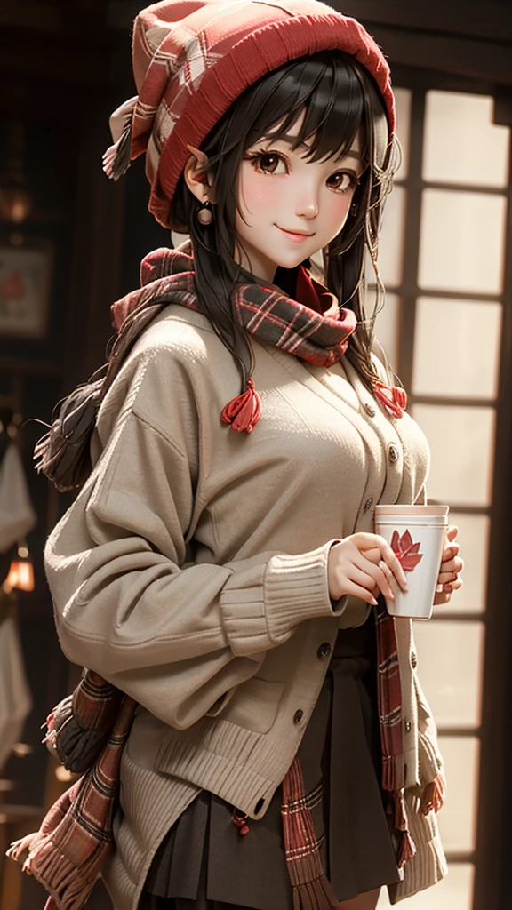 One girl, 紅leaf, bangs, Black Hat, Blurred Background, blush, Brown eyes, Brown Hair, brown scarf, brown skirt, cardigan, coffee, Cowboy Shot, cup, disposable cup, drink, 落ちleaf, Beanie, Holding, Holding drink, leaf, Long Hair, Long sleeve, View your viewers, open cardigan, Open your mouth, Plaid, Plaid skirt, puffy Long sleeve, red sweater, scarf, shirt, shirt tucked in, Side Lock, skirt, smile, alone, sweater, white shirt, Very detailed, Complex, masterpiece, Absurd