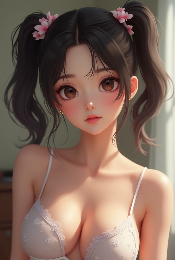 realistic photo, 19 yo, kawaii, (bra, navel:1.3), cleavage, twin tails, detailed face and body, natural lighting, high resolution, photorealistic, (best quality,8k,highres,masterpiece:1.2),ultra-detailed,(realistic,photorealistic,photo-realistic:1.37),realistic skin texture,detailed eyes and lips,beautiful detailed face,long eyelashes,smooth skin,natural body shape, (fine face),