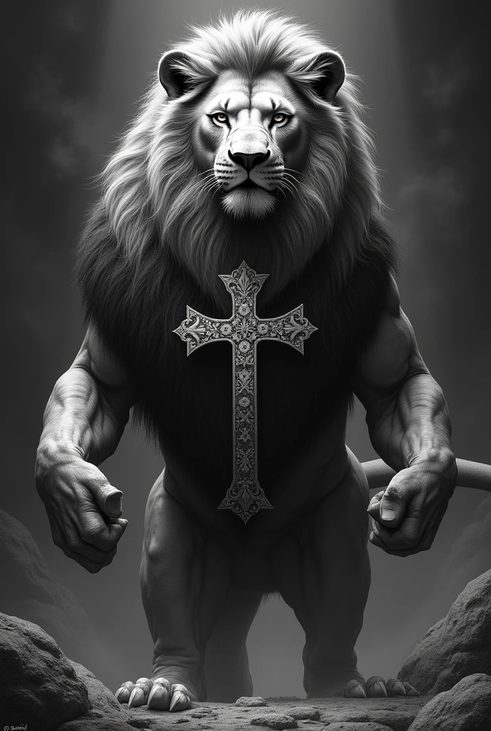 Drawing of a lion with a cross 
