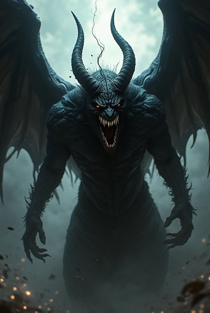 Divine being with dark aura, bright Eyes, Sharp teeth and black wings with a lot of anger