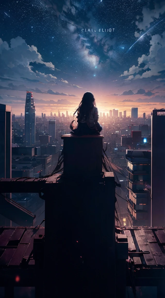 Octane, null, star (null), scenery, starry null, night, One girl, night null, alone, Outdoor, building, cloud, milky way, Sitting, wood, Long Hair, city, silhouette, cityscape
