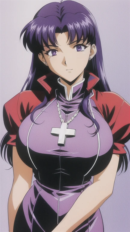 katsuragi_misato, huge_old, standing, Alone, misato_cruz_collar, chainmail_dress, masterpiece, Best Quality, detailed face, detailed eyes, altars,