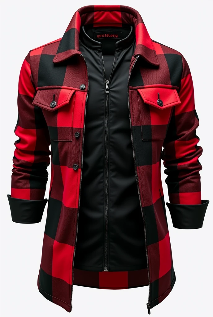 Raglan social shirt, with zipper on top, buttons on the body in the center, part of the hem open without zipper or buttons, with black shirt body, with long sleeves black and red plaid all over, rolled up sleeve hem with all black cuff, shirt hem being red and black checkered, large red and black plaid collar, two zippered pockets, One on Each Side, men's fashion