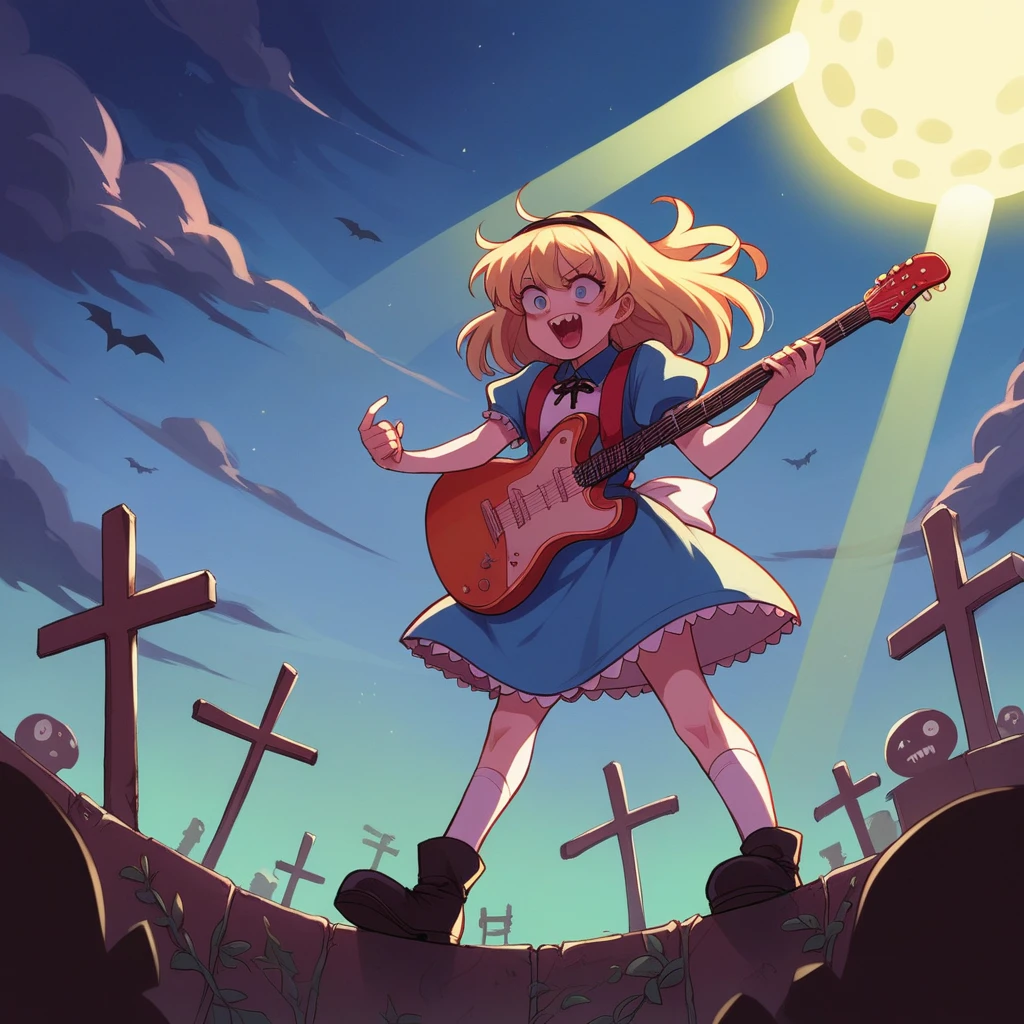 Bold brushstrokes, anime style illustration, midsummer night, crazy fun, cinematic lighting, Alice and the main characters from "Alice in Wonderland" performing a rock concert in a graveyard in the middle of the night, Alice with an electric guitar hanging from her shoulder, singing into a microphone, the dead audience cheering on.