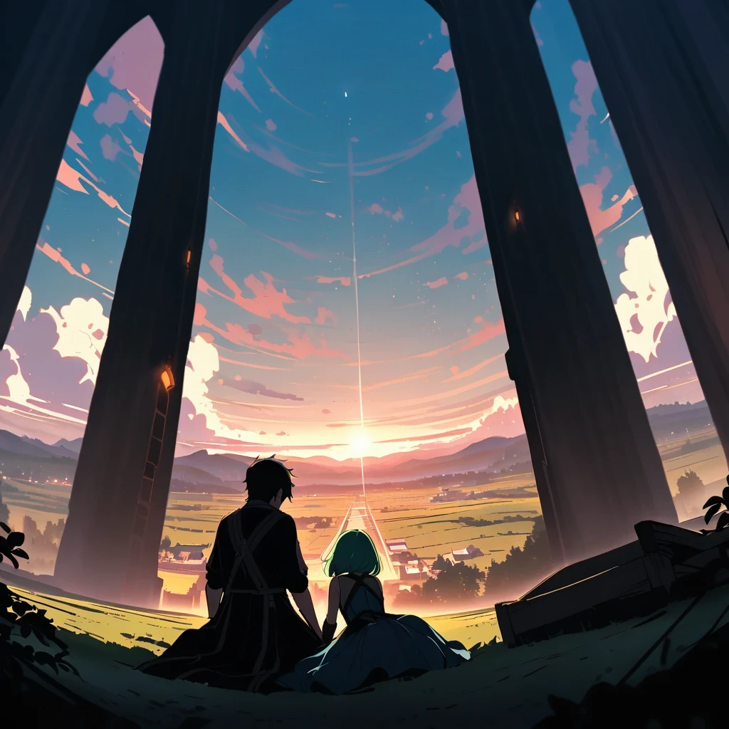 

{{cowgirl shot, dutch angle, female focus}} {{Artist: Sincos}}

In the foreground, two figures are visible—Lyra and Jack—each with their backs turned to us. Lyra is kneeling on the ground, her head slightly bowed, while Jack lies on his back with his head resting gently on Lyra's knees. Both are silhouetted against the backdrop, their forms outlined in pitch black. They face the fantasy rural village in the distance, which dominates the scene with its grand, sprawling presence. The village, bathed in light, appears enormous compared to the small, intimate figures of Lyra and Jack. The contrast between the vastness of the village and the smallness of the two figures emphasizes their role as mere observers of the sprawling, fantastical world before them.

VILLAGE IN FRONT OF THEM BIG MAGICAL VILLAGE