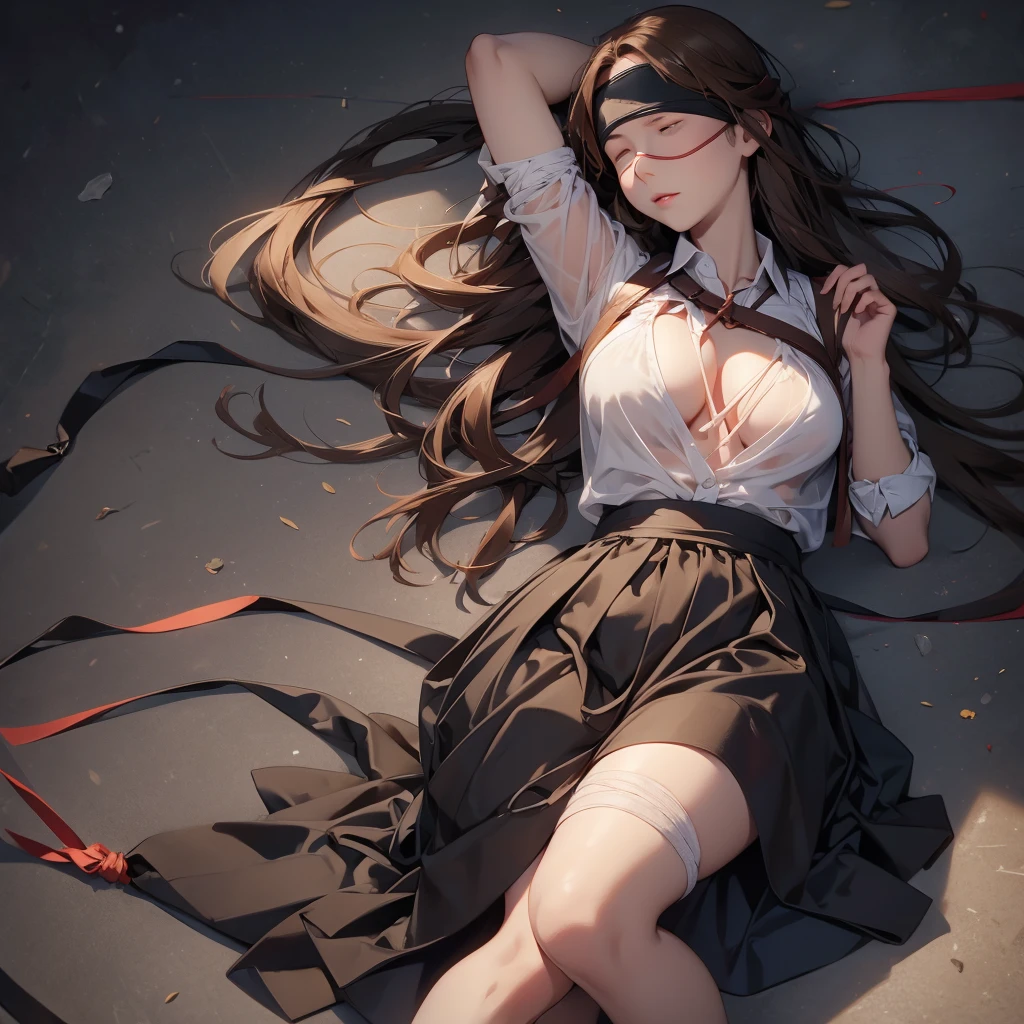 A girl tied up with rope,Brown haired, Very long see-through skirt,Lying down,(Blindfold:1.4), Solobound