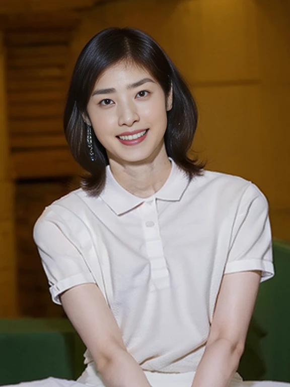 (Masterpiece, Best quality: 1.4), (Ultra realistic, Photo-realistic: 1.2), From above, From side, Sitting, Looking at viewer, Natural light, 28 years old actress, Japanese women, Neat and clean, ((Wearing white tennis uniform, White short-sleeve polo shirt with collar, Not buttoning the polo shirt, White pleated tennis skirt: 1.3)), (Wearing white sock: 1.2), (Ponytail: 1.2), (Beautiful face), Oval face, clear, Beautiful eyes, Kind eyes, Clear skin, Small face, Beautiful mouth, Small mouth, Natural makeup, Approachable, Seductive smile, (Seductive pose: 1.4), (Beautiful thighs: 1.2), (Bedroom eyes: 1.1), Embarrassed, Blush, Luxury hotel Suite room, On bed,