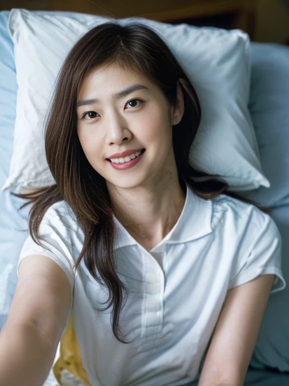 (Masterpiece, Best quality: 1.4), (Ultra realistic, Photo-realistic: 1.2), From above, From side, Sitting, Looking at viewer, Natural light, 28 years old actress, Japanese women, Neat and clean, ((Wearing white tennis uniform, White short-sleeve polo shirt with collar, Not buttoning the polo shirt, White pleated tennis skirt: 1.3)), (Wearing white sock: 1.2), (Ponytail: 1.2), (Beautiful face), Oval face, clear, Beautiful eyes, Kind eyes, Clear skin, Small face, Beautiful mouth, Small mouth, Natural makeup, Approachable, Seductive smile, (Seductive pose: 1.4), (Beautiful thighs: 1.2), (Bedroom eyes: 1.1), Embarrassed, Blush, Luxury hotel Suite room, On bed,