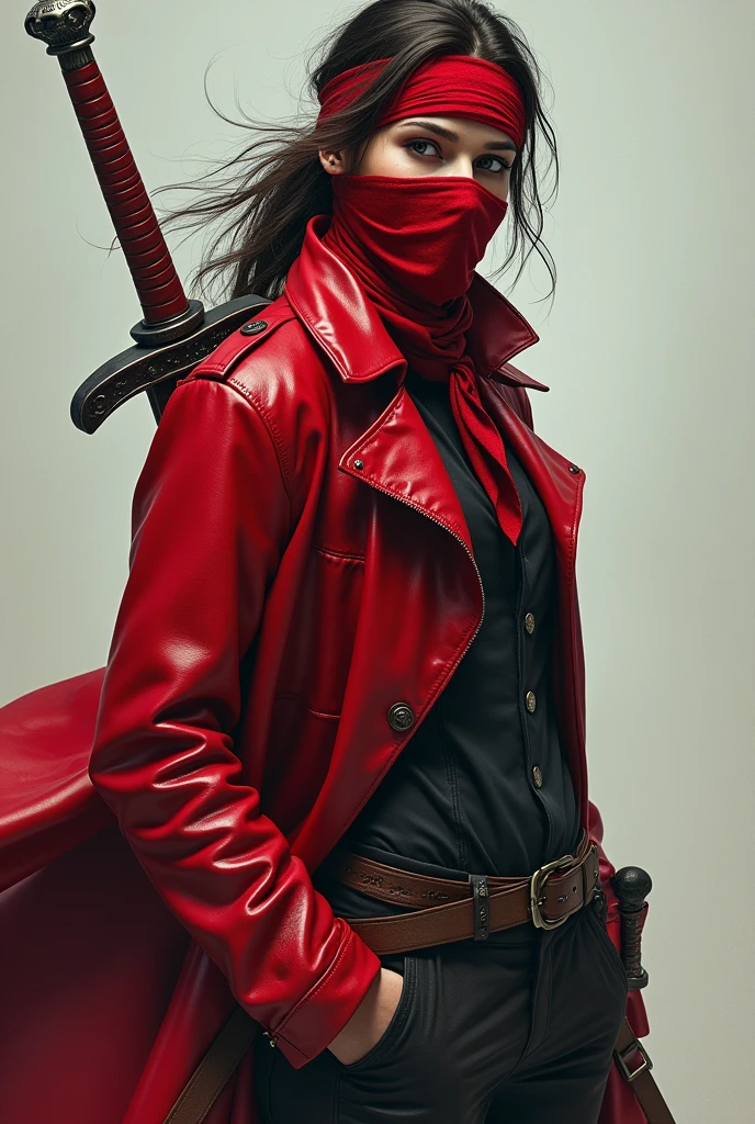 (photorealism:1.2) Create an antihero, that he carries a big sword on his back, that he goes with a red leather trench coat and that it waves in the wind. The antihero&#39;s face has to be with a bandana, that covers her cheekbones, part of the nose, mouth and that. besides, stomach 1,86 cm and has a marked physique. And the part where it&#39;s not covered with the bandana is cute.