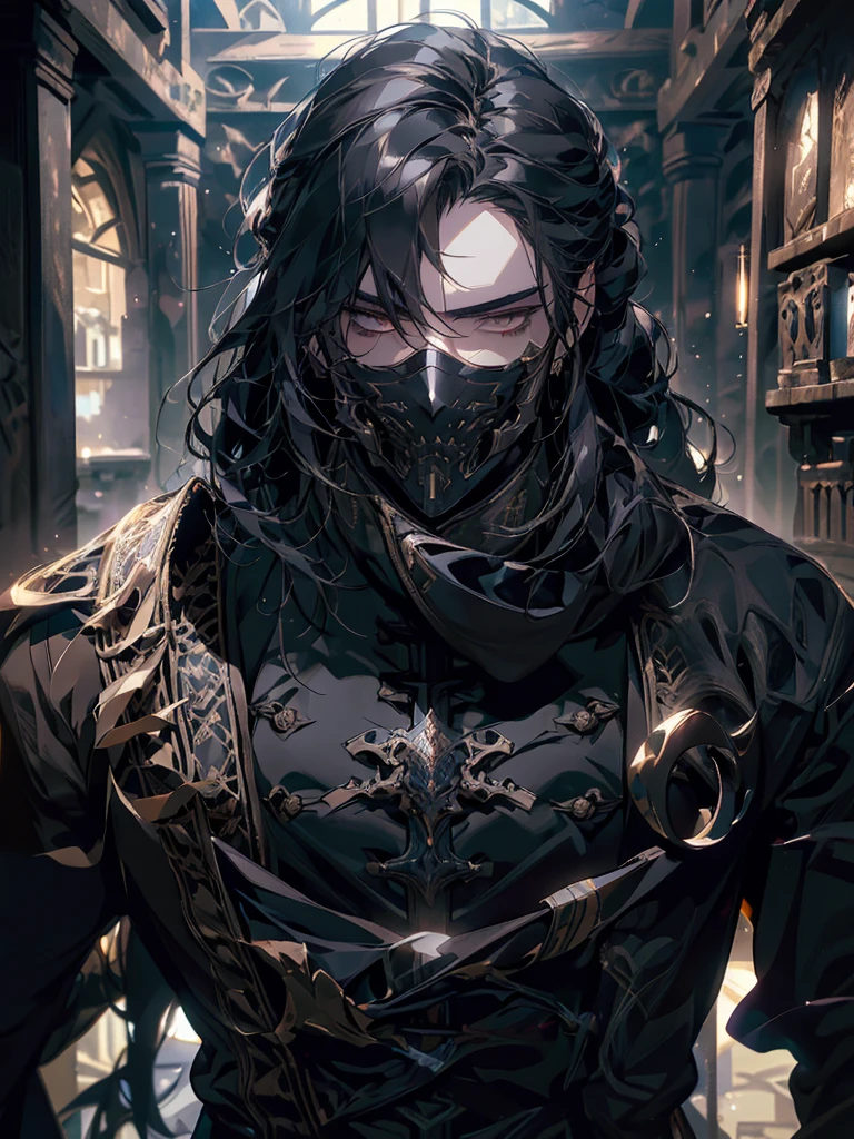 (masterpiece, high quality, cinematic lighting, backlighting, sharp colors)
Tall muscular young man, black hair tied in a bun, dark eyes, compact muscles. Face hidden by a full iron mask, expressionless. Wears medieval robe, leather shirt and pants, armor plates on vital areas. Dark crime scene background, shadowy atmosphere.