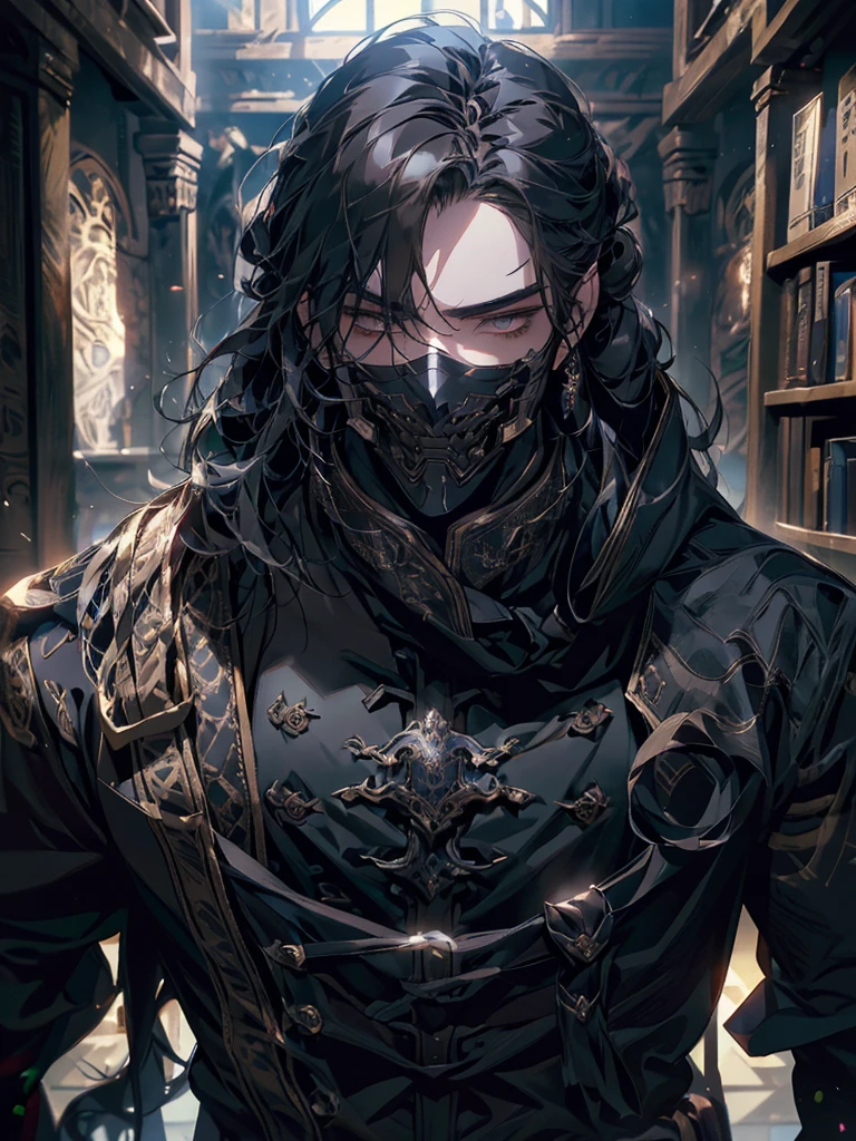 (masterpiece, high quality, cinematic lighting, backlighting, sharp colors)
Tall muscular young man, black hair tied in a bun, dark eyes, compact muscles. Face hidden by a full iron mask, expressionless. Wears medieval robe, leather shirt and pants, armor plates on vital areas. Dark crime scene background, shadowy atmosphere.