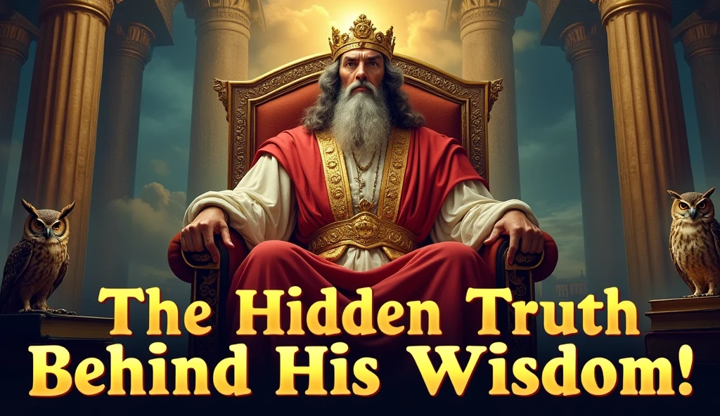 A majestic portrait of King Solomon seated on a grand throne, adorned with gold and jewels, surrounded by ancient scrolls and symbols of wisdom (like an owl and a book). The background features a mystical ancient city with golden hues and soft clouds.. The overlay text at the bottom says: 'The Hidden Truth Behind His Wisdom!' in a bold, catchy font, using a gradient from deep blue to gold. The overall color palette is rich and vibrant, conveying a sense of mystery and authority.