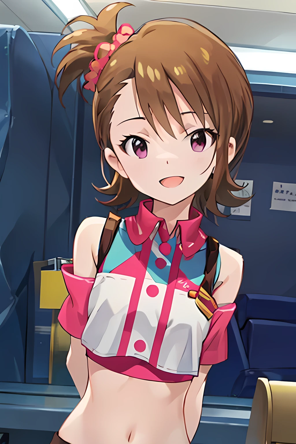 (UHD)、ami futami、crop top、arms behind back、open mouth smile、8k、looking at viewer