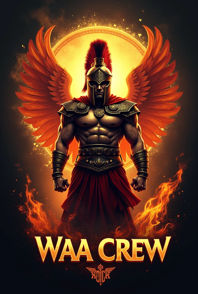 Create a logo with the WAA CREW brand with a Spartan and a Phoenix theme where the brand stands out