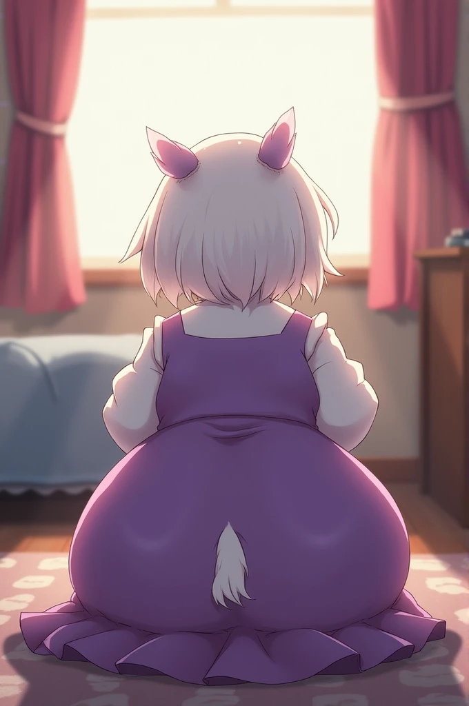 [toriel], [Undertale], [Uploaded to e621.net; (Pixelsketcher), (wamudraws), (woolrool)], ((masterpiece)), ((HD)), ((high red)), ((solo portrait)), ((low angle view)), ((back view)), ((waist up)), ((detailed fur)), ((detailed shading)), ((beautiful render art)), ((intricate details)), {anthro goat, plump figure, white fur, white nose, (short goat horns), short fluffy tail, (curvy hips), (beautiful legs), (beautiful feet), (black expression)}, {(long purple dress), (long white sleeves)}, {(squatting), (unaware of viewer), (looking away)}, [ambient lighting, bedroom, lamp table, light rays]