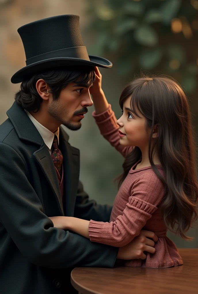 Scherlock Holmes from the BBC Scherlock series without a beard playing with a 14-year-old Brazilian girl with long, wavy brown hair who is putting a top hat on Scherlock&#39;s head 