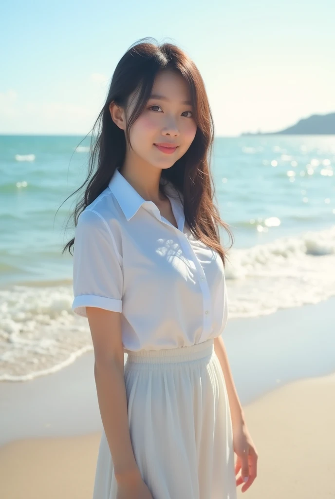 ((Highest quality)), ((masterpiece)), (detailed), Perfect Face,1 Japanese female,Teenager without makeup,Full body standing,Clean up to the toes,Huge breasts:1.1,,High bust top:1.3,Hard, Round Breasts:1.1,White shirt,Long skirt,((No Pat,Very good)),Bright smile,Soft sunlight on the beach,Thematic Depth,Clear focus,Natural and soft light