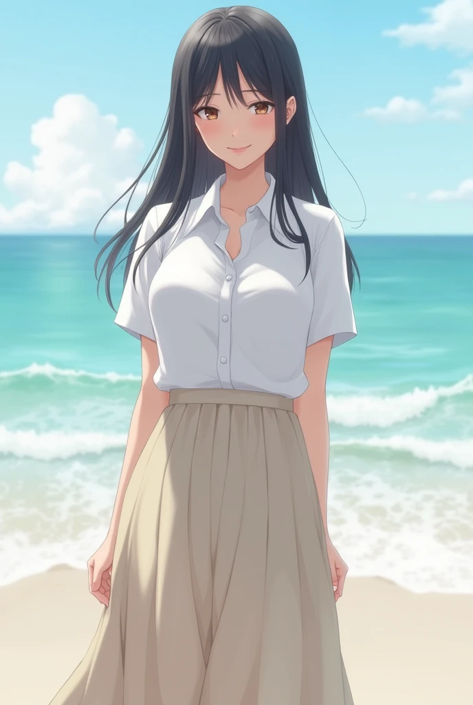 ((Highest quality)), ((masterpiece)), (detailed), Perfect Face,1 Japanese female,Teenager without makeup,Full body standing,Clean up to the toes,Huge breasts:1.1,,High bust top:1.3,Hard, Round Breasts:1.1,White shirt,Long skirt,((No Pat,Very good)),Bright smile,Soft sunlight on the beach,Thematic Depth,Clear focus,Natural and soft light