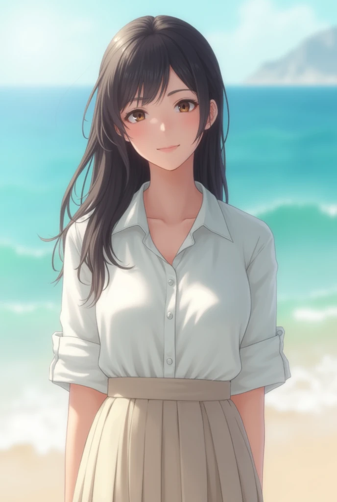 ((Highest quality)), ((masterpiece)), (detailed), Perfect Face,1 Japanese female,Teenager without makeup,Full body standing,Clean up to the toes,Huge breasts:1.1,,High bust top:1.3,Hard, Round Breasts:1.1,White shirt,Long skirt,((No Pat,Very good)),Bright smile,Soft sunlight on the beach,Thematic Depth,Clear focus,Natural and soft light