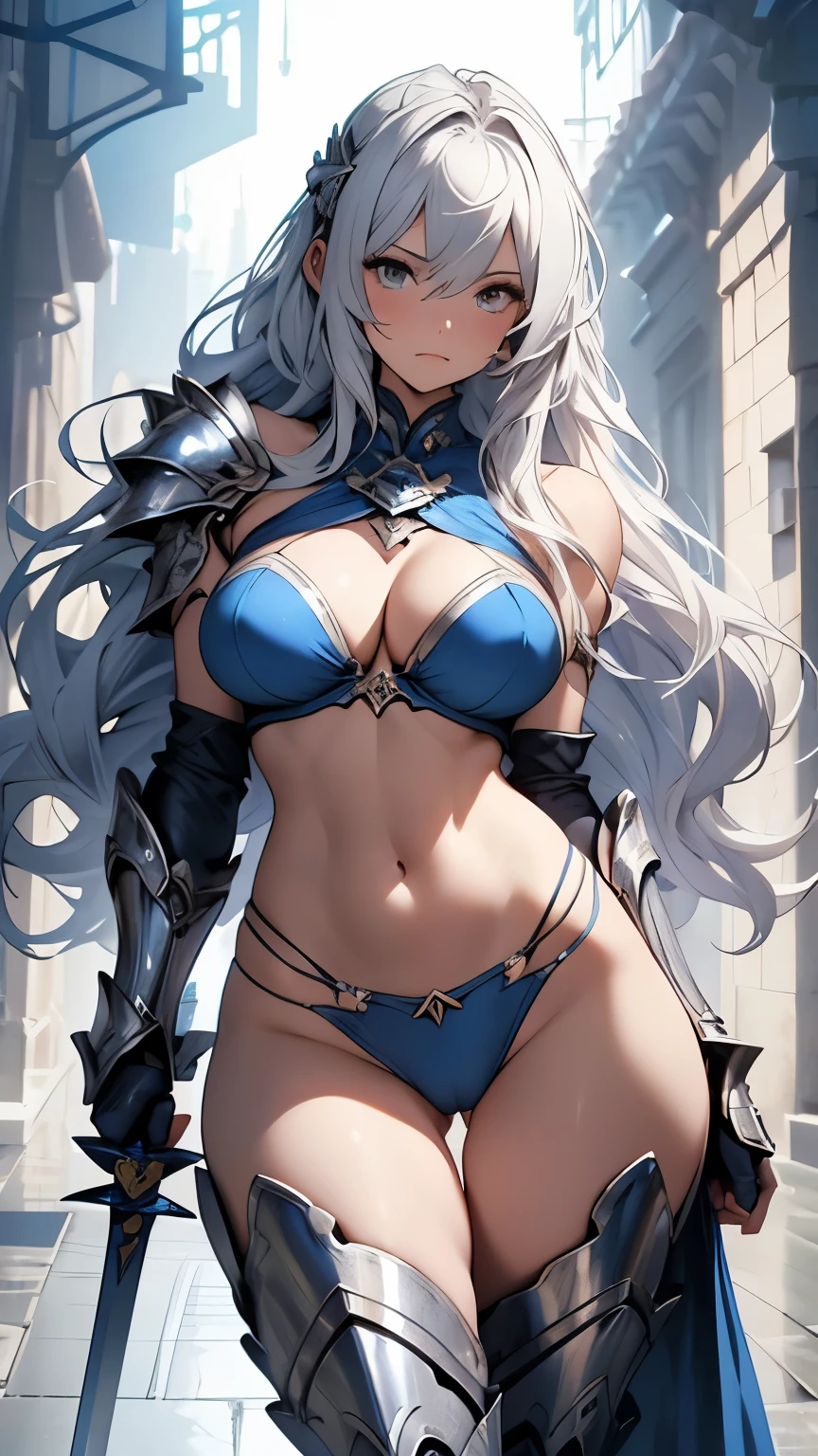 Silver wavy long hair、Sleepy expression、Embarrassing、Blue metallic bikini、female knight、Huge breasts、Underboob、Sideboob、Silver Armor、Absolute area、Camel toe、Belly button、NSFW、Shooting from below、sword、Action pose