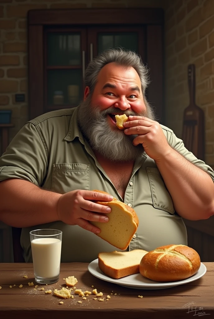 A fat man eating bread 