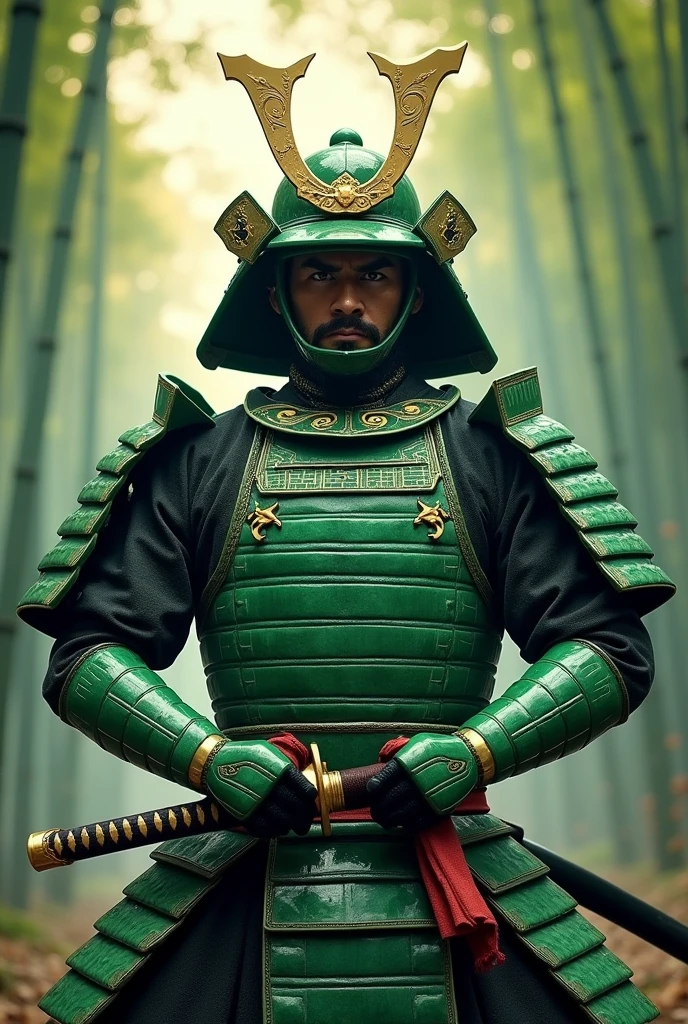 Create an image of a formidable samurai warrior standing in a combat-ready stance, wearing a highly detailed suit of armor crafted from jade. The armor is intricately carved, with polished green plates that shimmer with a natural luster, accented by gold inlays depicting traditional Japanese motifs such as dragons and cherry blossoms. The samurai's helmet, adorned with a fearsome faceplate, leaves only his intense eyes visible, radiating focus and determination. He grips a katana with both hands, its blade gleaming under the soft light of an early dawn. The background shows a misty bamboo forest, with shafts of light breaking through the trees, illuminating the warrior. The overall style is hyper-realistic, capturing every detail of the jade armor, the texture of the bamboo, and the tension in the samurai's muscles, ready to strike. The scene exudes a sense of honor, strength, and ancient tradition."