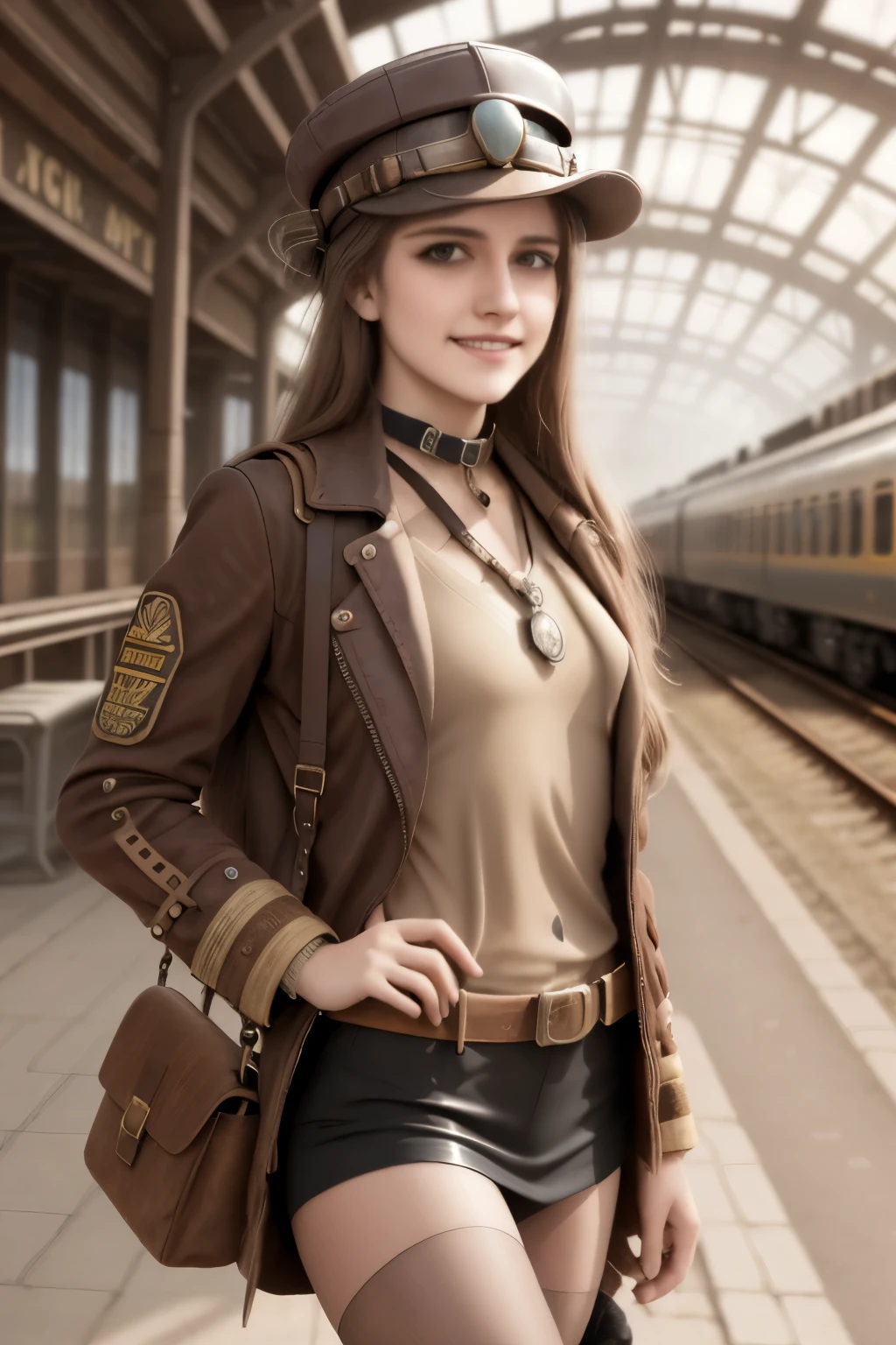 1 girl, aviator hat , solo, steam punk, train station, , steam, smoke, masterpiece, highly detailed,HDR,8k resolution, best quality,