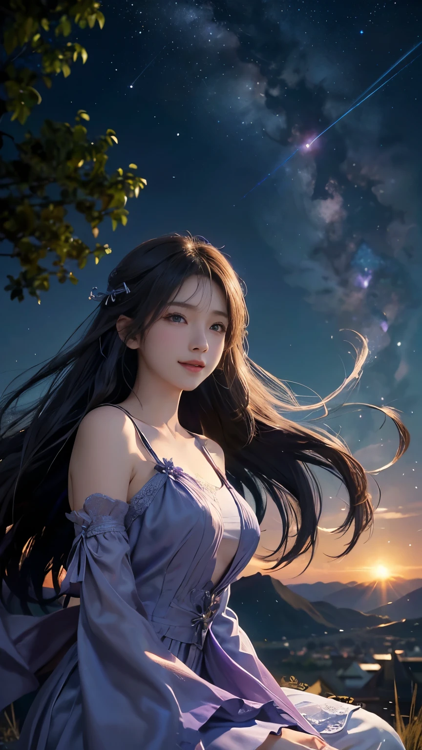 (logo、masterpiece、8k、Tabletop、RAW Photos、wonderful、最high quality、フォトリアルでVery detailedなCG合成8k壁紙、high quality、Very detailed、Narrative poem、Particle Effects、Dynamic Effects、Depth of the Boundary)What is written is、Cinematic Light、Lens flare、Ray Tracing)、Fantasy、(Purple Dress)、(night、night空、Starry Sky、full moon)、(Girl looking up at the sky)、sit、cute、Japanese style、 (smile)、Long Hair、Strong winds、(Hair blowing in the wind)、(White Dress)、Natural light、moonlight、(Horizontal photography)、(chest emphasis)、(Low position)、(Low - Angle)