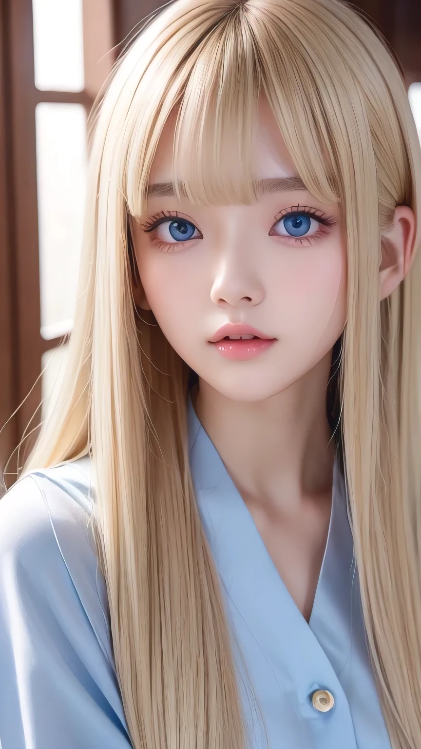 Crystal clear and shiny skin、15 year old cute  beautiful face、Very large, beautiful, bright, pale sky blue eyes、Very big eyes、Super long straight hair that shines in the light、Long, silky bangs that cover her cute eyes、Hair that hides sexy features、too long bangs、Sexy and cute young beauty、Super long natural young blonde hair with sparkling highlights、Blonde hair above the eyes、片Blonde hair above the eyes、Blonde hair between the eyes、Cheek gloss highlighter