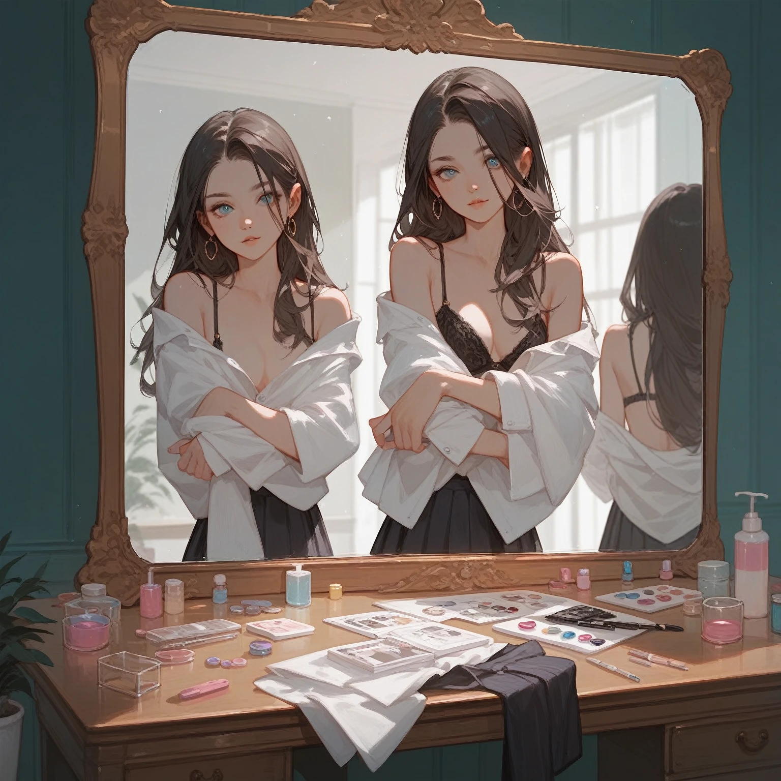 large square mirror, dressing table with cosmetics on top