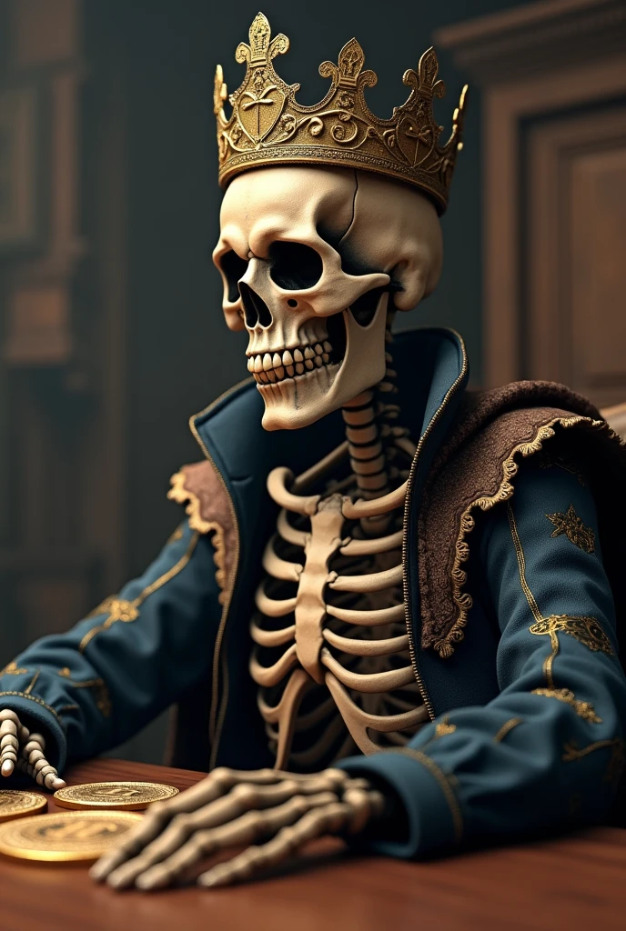 sitting skeleton wearing crown on head ,at table with shiny bitcoin, in eve ventrue style, western style portrait, zbrush, intense close-up, fog, detailed costume, dazzling academic --ar 46:61 --v 6.0