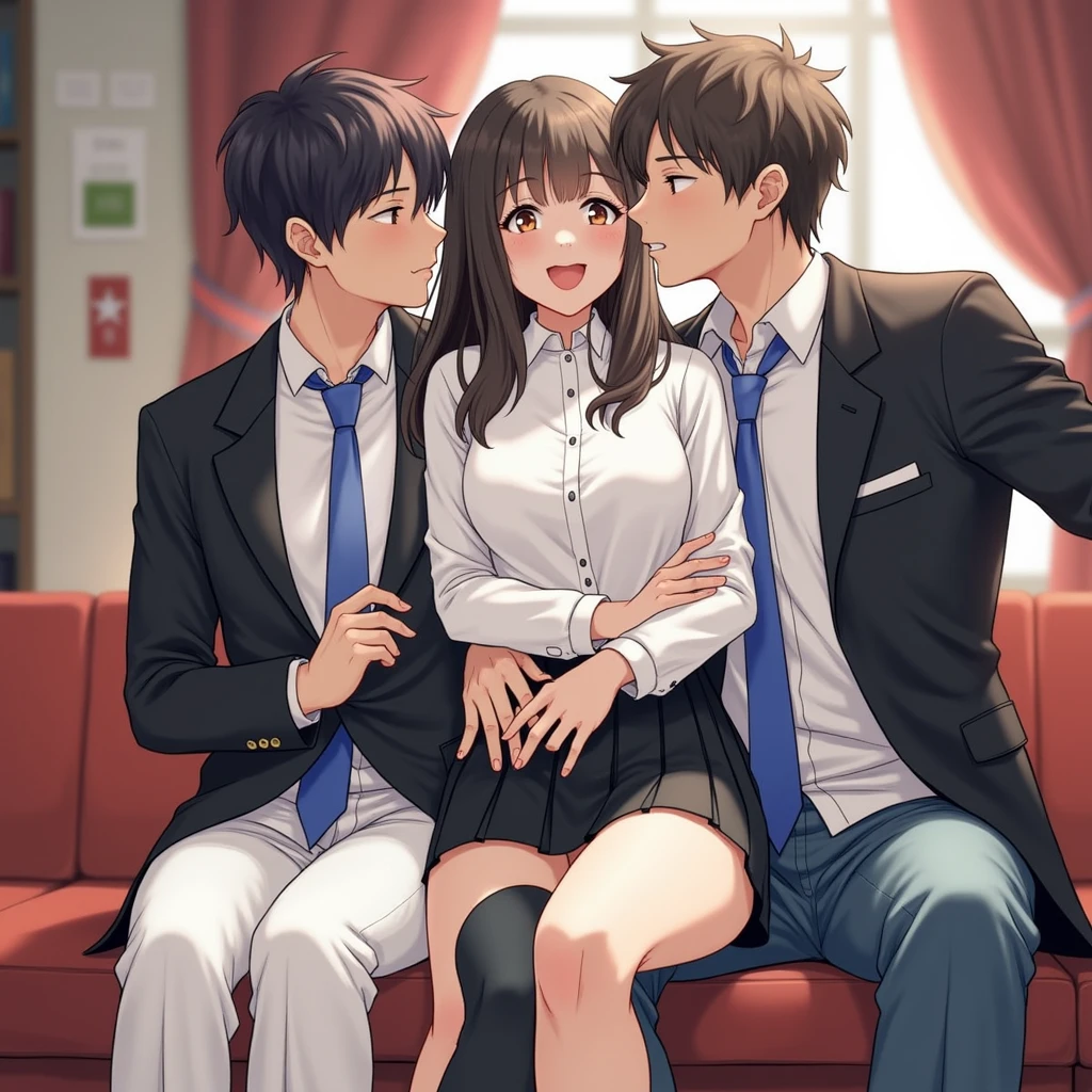 （masterpiece) high details, a male and female wearing school uniform, masutepiece）（high-detail）Male and female couples in their 10s、1 male, 1 female、Light 、During a kiss、Romance for women、Glossy atmosphere、Glossy look、ks、embracing each other、femele（Brown hair semi-long、negligee）closing eye、Sweet sigh、male people（black hair shorthair、Y shirt、Untied tie、legs showing）Close your eyes strongly、Background with、deep in the night、Darker, female was shocked, male kiss her against a wall,nsfw,bottomless, shirt lift