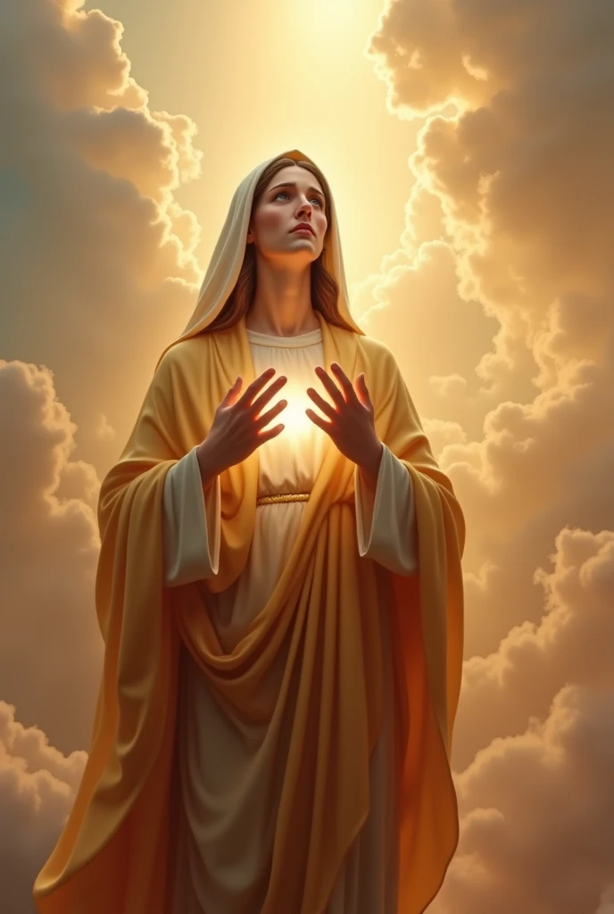 (photorealism:1.2), beautiful virgin Mary with tears in her eyes while praying in the clouds, wearing orange queen clothes with light in his head and heart spreading all over in the clouds, perfect virgin Mary, real virgin Mary, perfect five hands, perfect tears face, elegant, soft lighting, many clouds, stand straight, realistic, intricate details, warm colors,