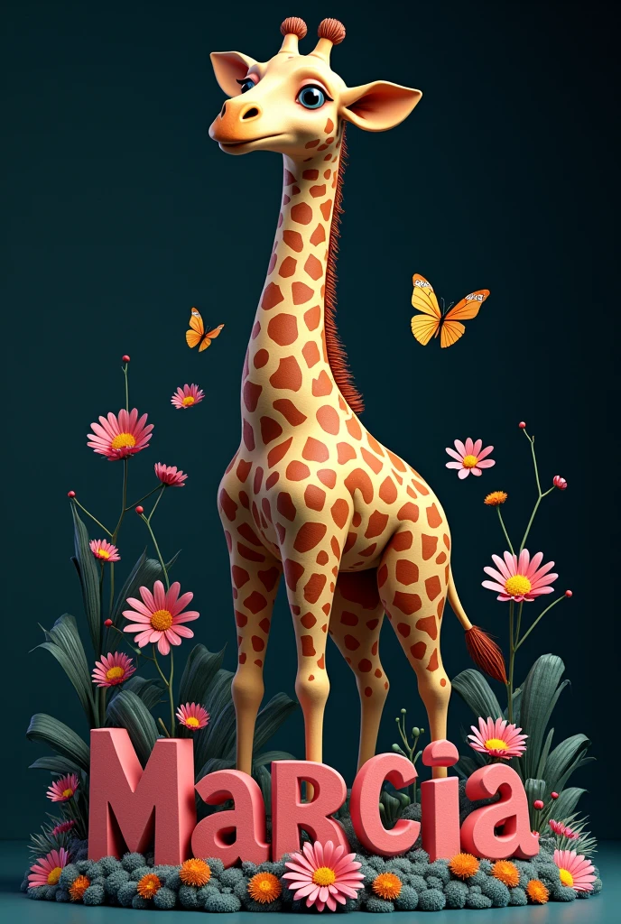 A giraffe with the Marcia fonts colored 3d wrapped in flowers and butterflies and black background.