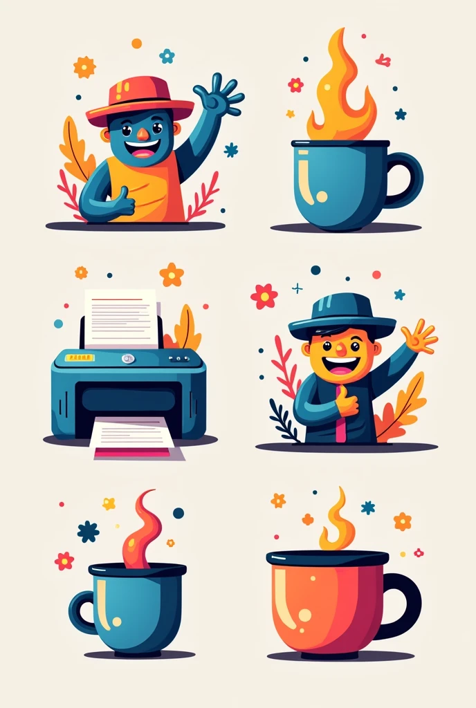  smiling and modern creative logo with printer and mug 
