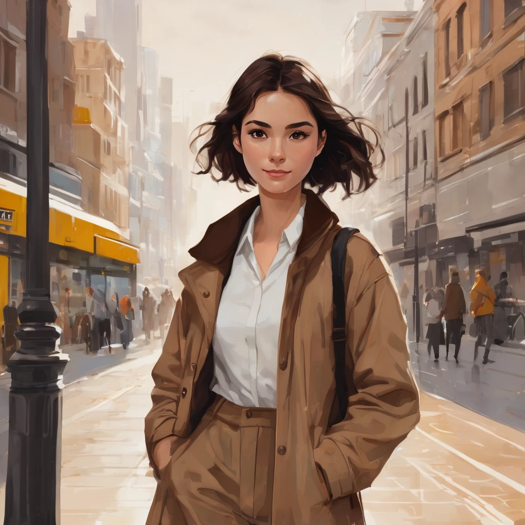 A girl with dark brown hair and big light brown eyes. He has a happy and friendly expression on his face.. The person is wearing a brown coat jacket, a white top and beige or khaki pants. The overall look is simple and casual..