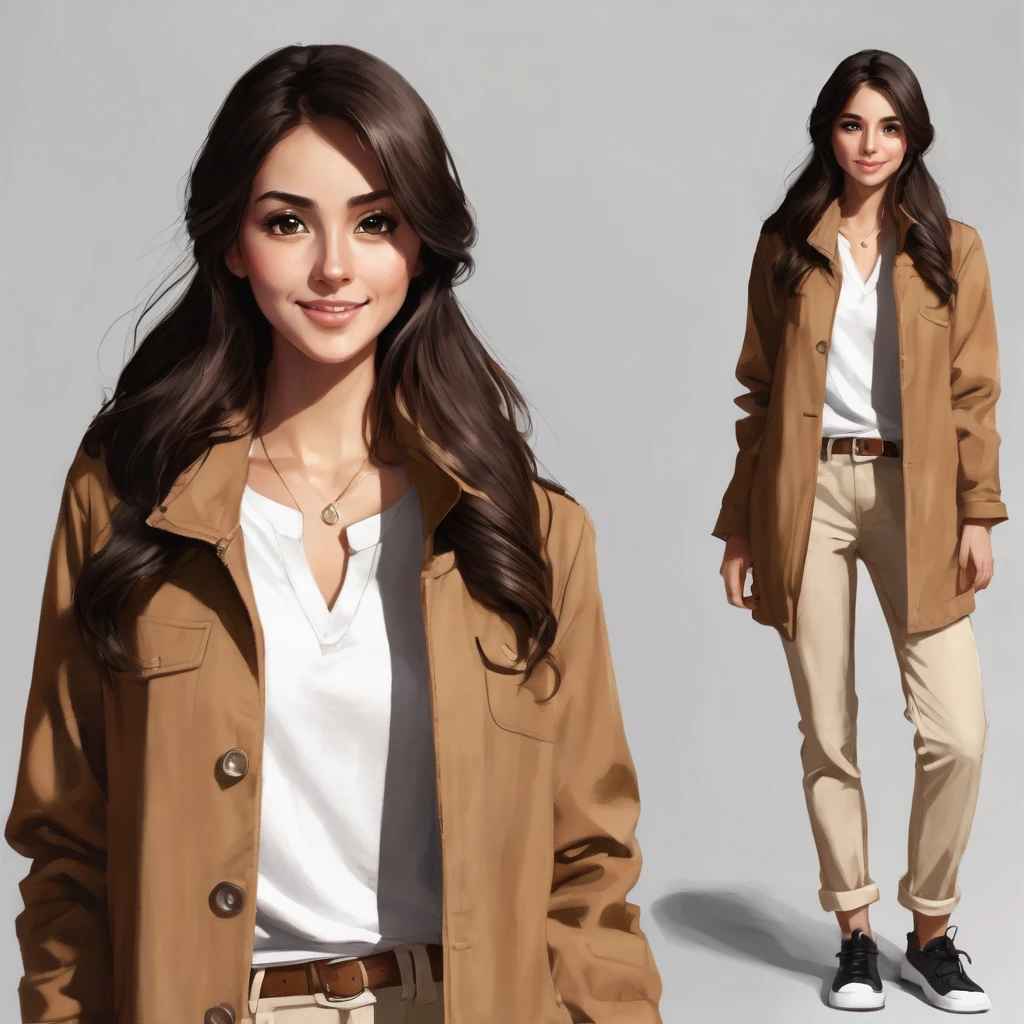A girl with dark brown hair and big light brown eyes. He has a happy and friendly expression on his face.. The person is wearing a brown coat jacket, a white top and beige or khaki pants. The overall look is simple and casual..