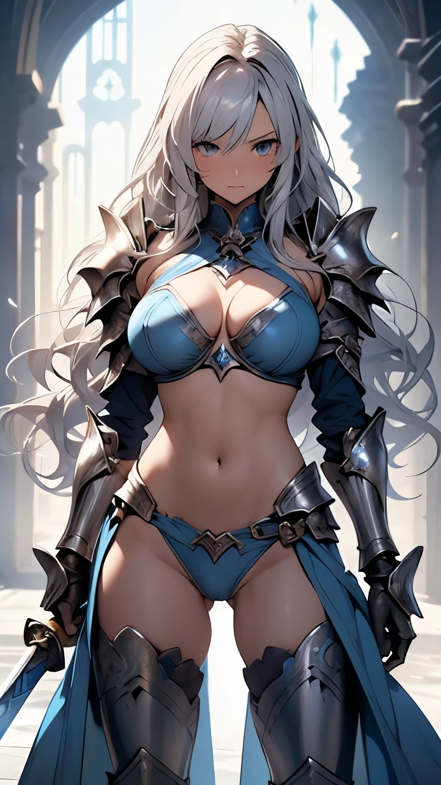 Silver wavy long hair、Sleepy expression、Embarrassing、Blue metallic bikini、female knight、Huge breasts、Underboob、Sideboob、Silver Armor、Absolute area、Camel toe、Belly button、NSFW、Shooting from below、sword、Action pose