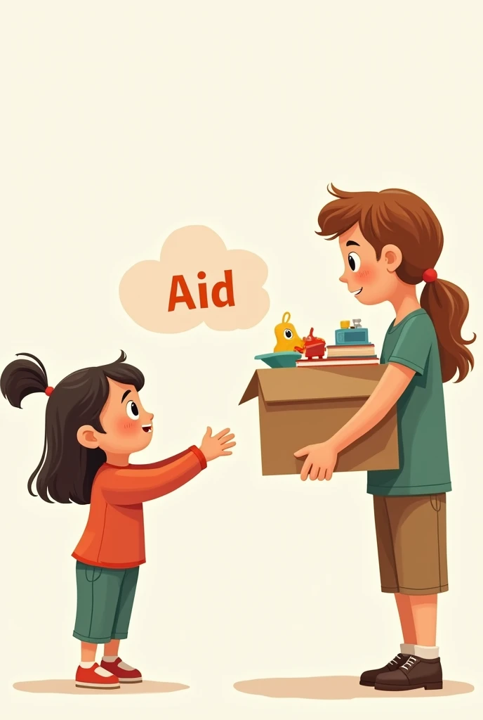 Drawing of a girl standing with one hand outstretched towards another person holding a box of toys and books with a smile, mostrando que está dispuesta a Aidr. Add a small cloud of "Aid" above the girl who reaches out her hand, to highlight availability.