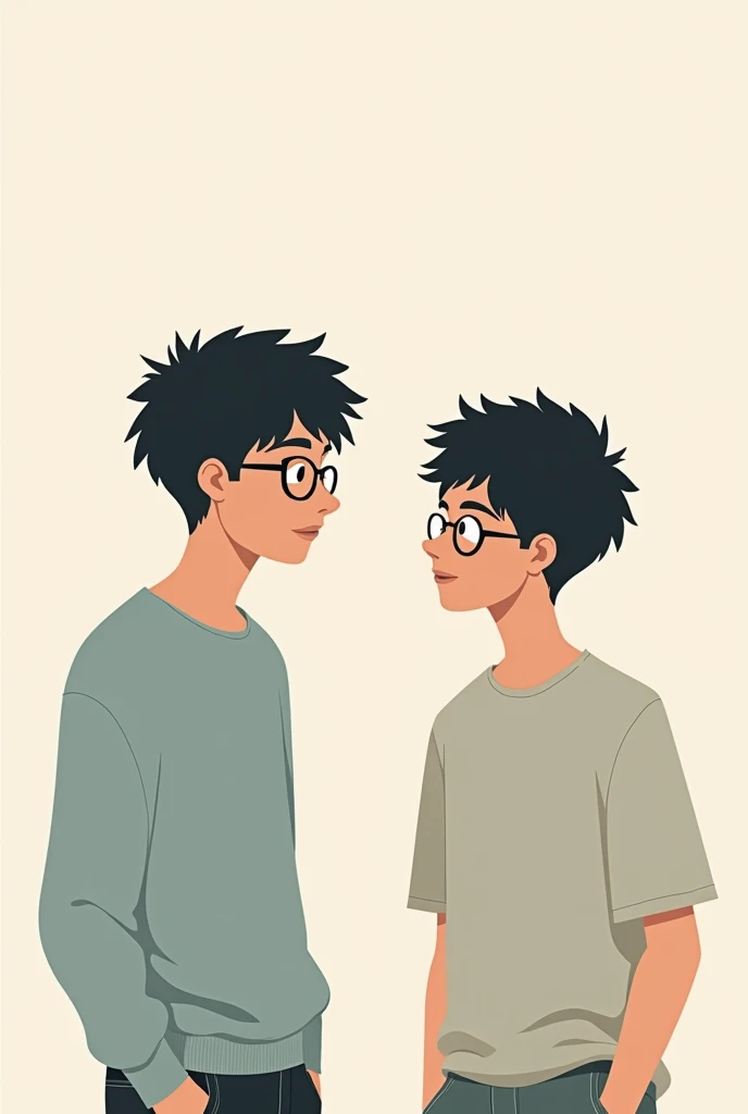 2 teenage boys are chatting, 1 wearing glasses black hair, 1 without glasses black hair. Simple graphic image