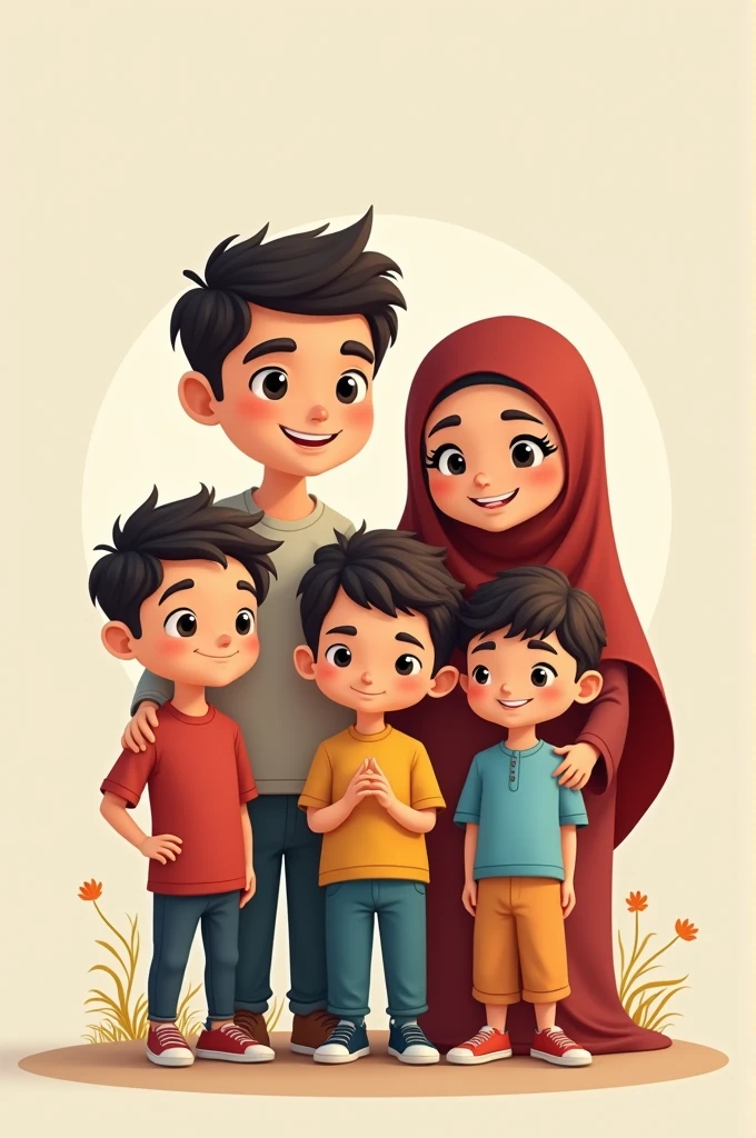 ((best quality)), ((masterpiece)), (detailed), cartoon An asian muslim family consisting of a father and mother with three sons. Two toddlers and a baby. The first son is 7 years old, the second son is 5 years old, and the third son is a 4-month-old baby.