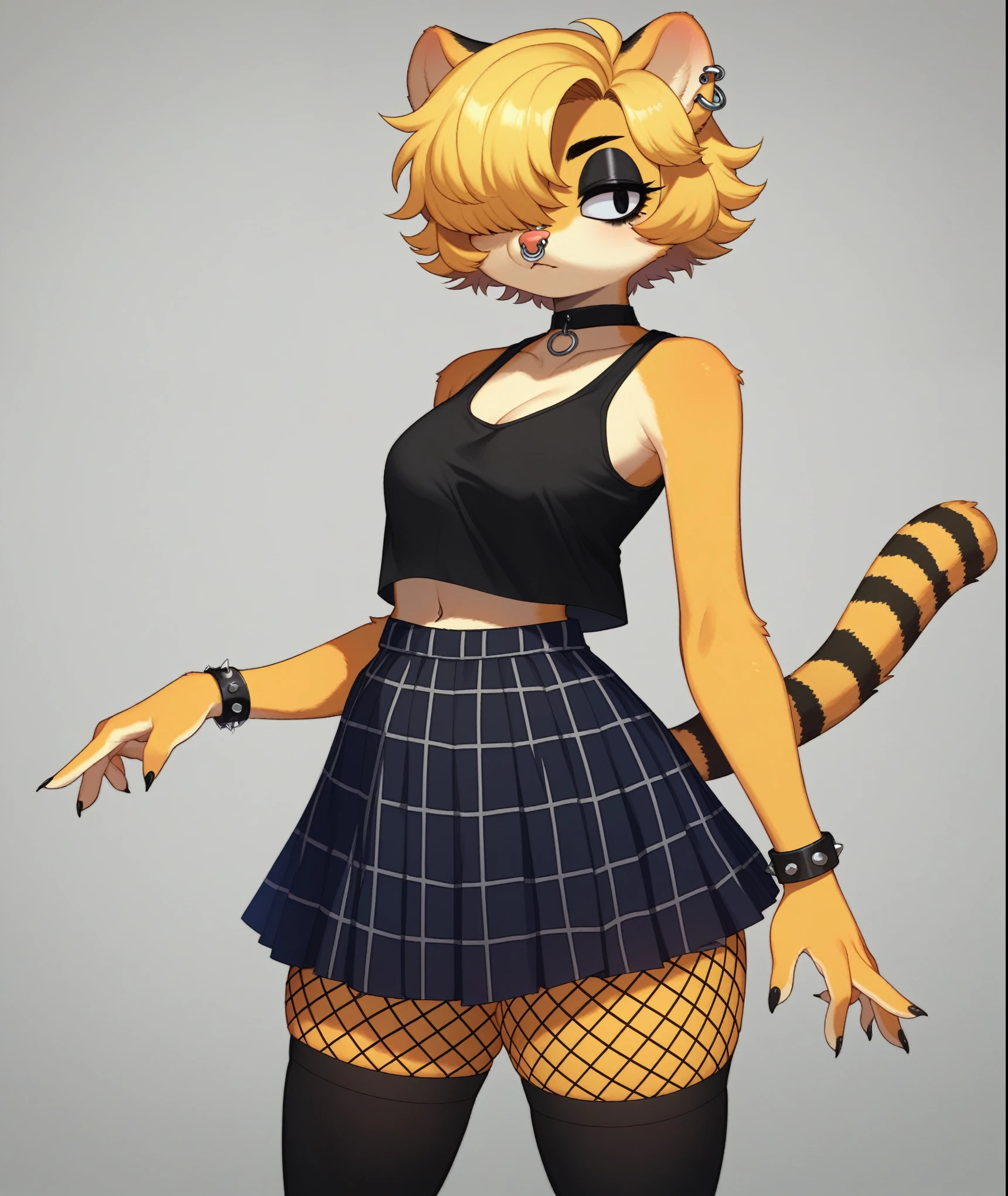 Solo, score_9,score_8_up,score_7_up, source_anime, kemono style, Garfield, feline, feminine, female, Anthro, black eyes white sclera, curvy, breasts, short blonde wavy hair, emo style hair, hair over one eye, black mascara, black eyeliner, nose piercing, ear piercing, wearing black goth tank top, black plaid skirt, fishnet leggings, black thigh high socks, black choker,  lack bracelets, 