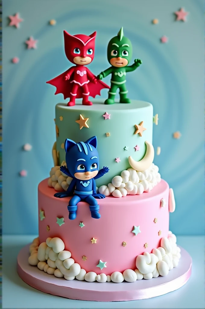 2-tier cake, with pjmask power hero theme, with all the superheroes