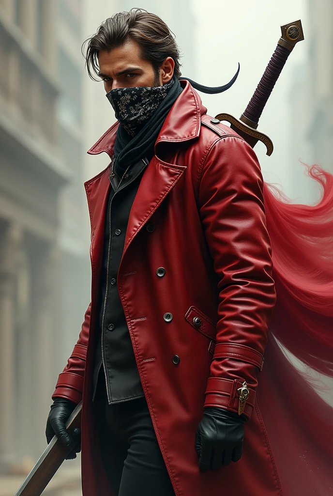 (photorealism:1.2) Create an antihero, that he carries a big sword on his back, that he goes with a red leather trench coat and that it waves in the wind. The antihero's face has to be with a bandana, that covers her cheekbones, part of the nose, mouth and that. besides, stomach 1,86 cm and has a marked physique. And the part where it's not covered with the bandana is cute. Preferably, let it be a man.