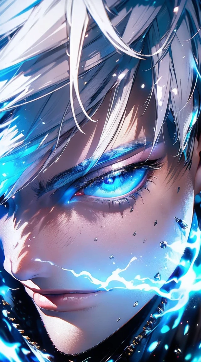 (best qualityer, high resolution, ultra detali, realisitic:1.37), Close-up portrait of a handsome man, with shiny, Bright blue eyes emitting a blue smoke-like aura, cat-like black pupils, snow-white spiky hair, highly defined and super detailed
