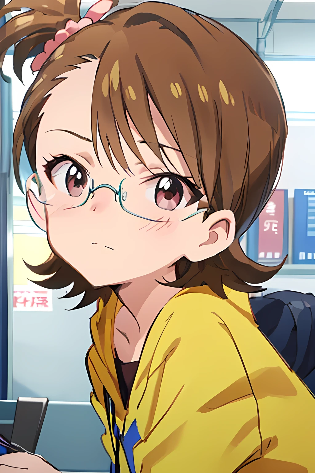 (UHD)、ami futami、oval glasses、upper body、blushing、8k、looking at viewer、(pixel-perfect、detail-perfect)