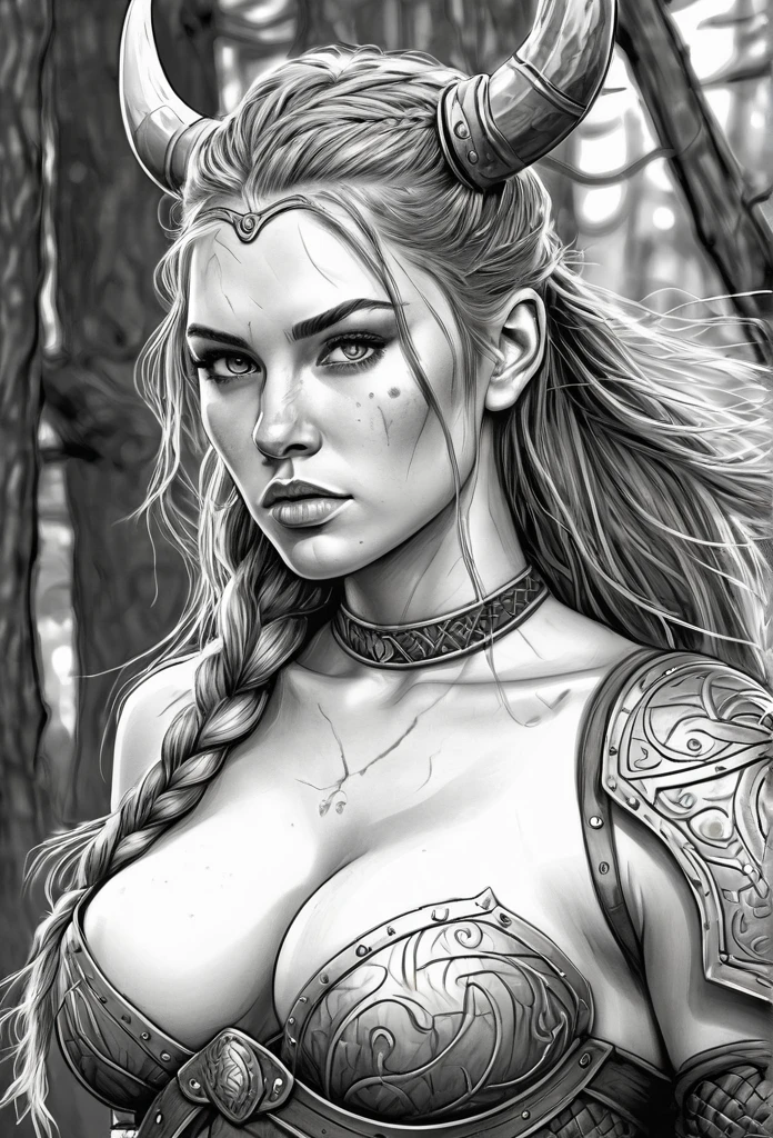 pencil sketch of a Viking character with scars of war, image of a naked g woman, cartoon art style, digital illustration style, highly detailed character design, courage detailed digital art, Forest fan art, Portrait Character Design, beautiful digital illustration, high-quality portrait, comic book art, young woman with beautiful hair, Beautiful outlined eyes, exposed Medium large bust and erotic senssture. expression of sexual desire imall bodytration